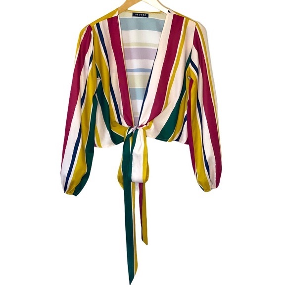 Jeuvre Cream Striped Wrap Crop Top Size Small - Picture 3 of 8